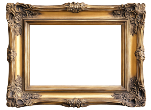 European style gold leaf wood frame isolated on a white or transparent background. 3:2 ratio for photo, image, picture, art, or painting. 