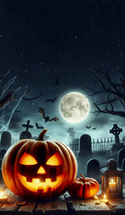 halloween pumpkin on a cemetery with bats