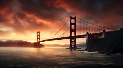 Obraz premium The Golden Gate Bridge is pictured against a sunset sky. The bridge is a prominent landmark in San Francisco, California. The sunset is a bright orange and red, with dark clouds in the background.