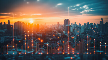 Obraz premium Smart digital city with connection network that is at the cutting edge of innovation in technology and business with bright, modern skyscrapers. Backgrounds for technology and charts and graphs