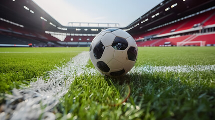 Fototapeta premium Ball lies on the grass in the football stadium