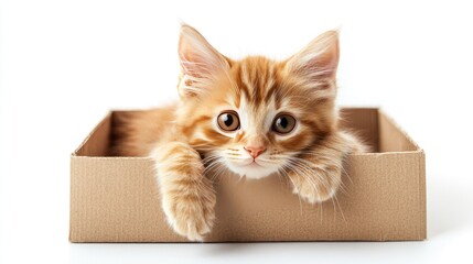 An adorable red kitten resting in a box, isolated against a white background, perfect for cute and heartwarming themes.
