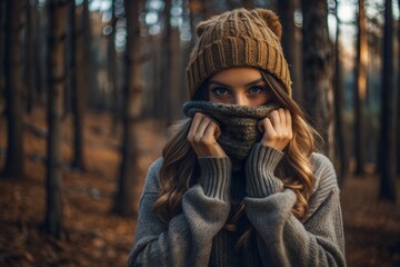 Young female in knitted hat covering face with warm sweater while standing in forest in cold autumn day