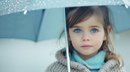 Young Girl Holding Umbrella on Rainy Day Outdoors