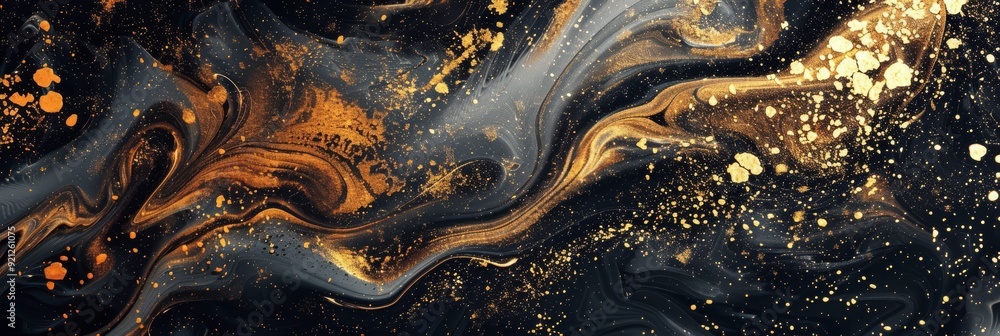 Poster a captivating abstract design features golden swirls on a rich black marble background, creating a v