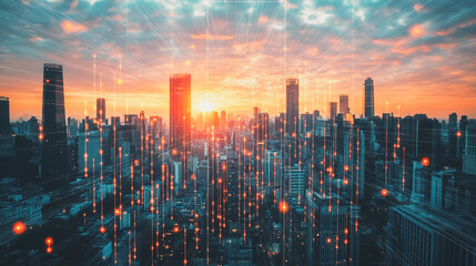 Fototapeta premium Smart digital city with connection network that is at the cutting edge of innovation in technology and business with bright, modern skyscrapers. Backgrounds for technology and charts and graphs