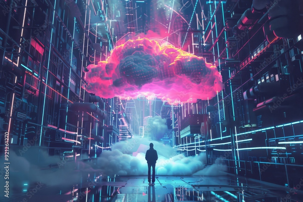 Poster a man standing in a futuristic city with a cloud in the sky, illustrate the concept of cloud storage