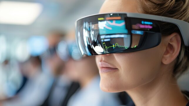 Woman Wearing Advanced Augmented Reality Glasses in a Modern Office Environment