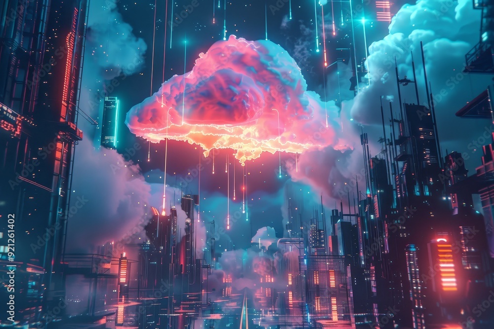 Aufkleber a futuristic cityscape with a large cloud floating in the sky, illustrate the concept of cloud stora
