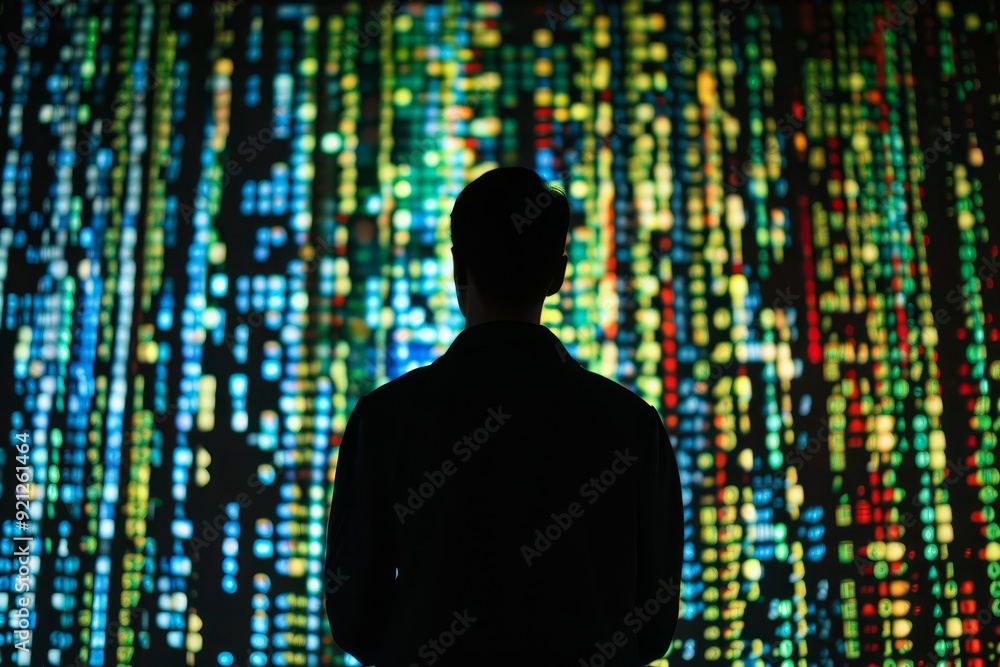 Poster silhouette of a man standing before a vibrant array of lights, illustrate the concept of data mining