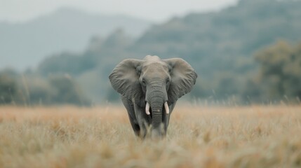 Naklejka premium Elephant Walking on Dusty Trail in African Savannah During Daylight