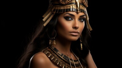  A woman with dark hair and dark eyes is wearing a golden headdress and jewelry. She is looking directly at the camera with a serious expression. The background is a solid black.