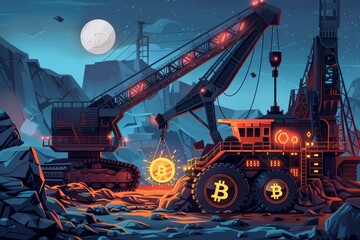 A mining machine at work with the moon in the background, Illustrate the concept of mining cryptocurrency through powerful computer algorithms and computational power