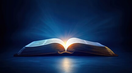 An open book of magic with brilliant sparkling rays of light.An open Bible book
