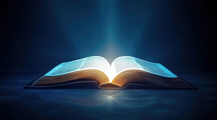 An open book of magic with brilliant sparkling rays of light.An open Bible book