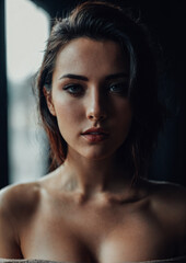 Naklejka premium Portrait of a young woman with a bright smile in boudoir style