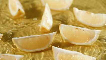 Top down view of lemon slices splashing in water on yellow background. Close up of fresh lemon sliced placing at separated yellow background with water pouring and splash. Citrus freshness. Pabulum.