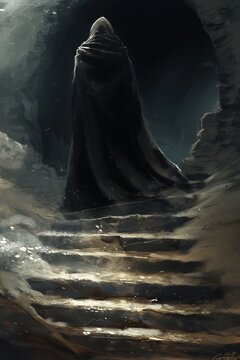 man cloak standing stairway black sandman endless creating presence penguin design looming tombs descent