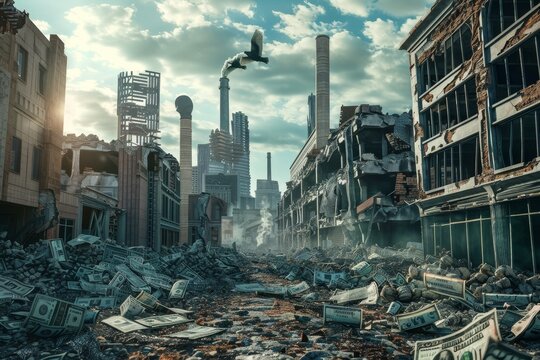 A city lies in ruins, with buildings destroyed. A bird flies above the scene, highlighting the impact of hyperinflation, Illustrate the consequences of hyperinflation on a fictional world