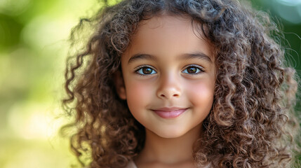 Fototapeta premium A happy young girl with curly hair looking directly at the camera, suitable for use in portraits or family photos.