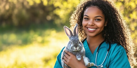 A dedicated and compassionate veterinarian is seen taking care of a rabbit in a beautiful and scenic outdoor setting, showcasing their love for animals and commitment to providing exceptional care