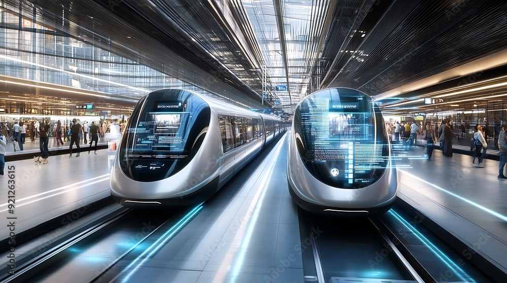 Aufkleber futuristic transportation hub with digital scheduling and ai-optimized routes