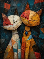 A colorful abstract mosaic artwork featuring two cats with closed eyes, depicted in vibrant geometric patterns, each wearing a necklace.
