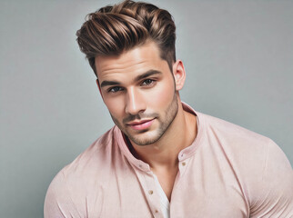 A man with a short haircut and a pink shirt
