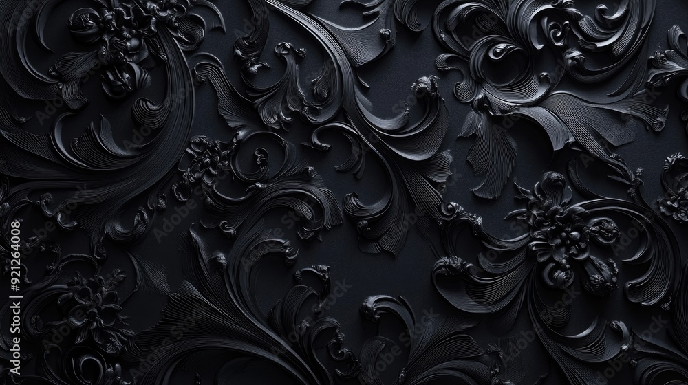 Poster textured 3d black background with intricate patterns and soft shadows, ideal for rich and immersive 