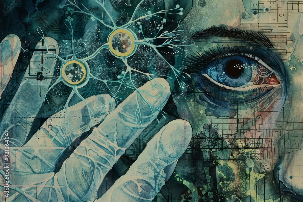 Poster a painting depicting a womans hand holding a computer screen with a digital display in the backgroun
