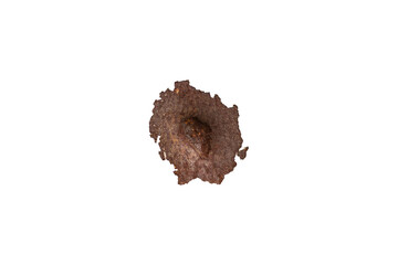 Bullet hole in metal left by the bullet that flew at the camera is isolated.
