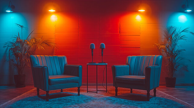 Studio setup for interview with arm chair and mic