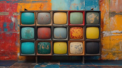wall of vintage televisions