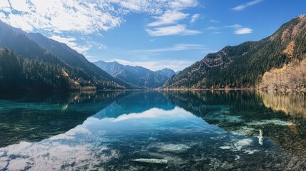 Obraz premium The crystal-clear waters of Mirror Lake in Jiuzhaigou Valley, perfectly reflecting the surrounding mountains and sky.