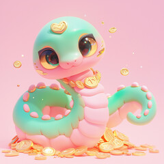 2025 cartoonish green and pink snake is sitting on a pile of gold coins. The snake appears to be happy and content, as it is surrounded by the shiny coins. Concept of wealth and abundance