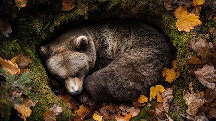 Fototapeta premium Top view of a bear curled up sleeping in a cozy den, surrounded by soft moss and fallen leaves, depicting a peaceful hibernation scene.