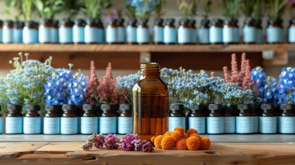 Natural essential oils and aromatic herbs in an organic cosmetics store. Vibrant flowers and bottles create an atmosphere of natural beauty and health