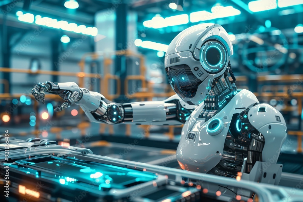 Poster a robot is actively engaged in tasks on the factory floor, contributing to the automation process, i