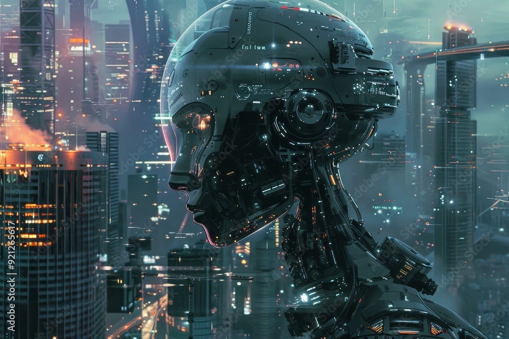 Poster futuristic city with robot in background, illustrate the impact of automation on the workforce in a 