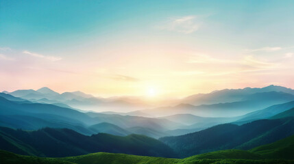 Obraz premium Sunrise over expansive rolling hills with a vibrant sky, casting a serene and peaceful atmosphere in a breathtaking natural landscape.