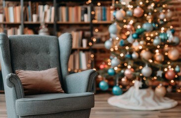 Cozy Living Room With Christmas Tree and Bookshelf Decorated for the Holidays