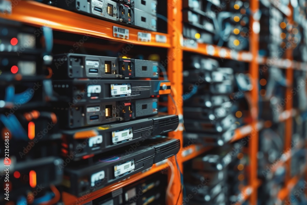 Poster multiple servers neatly arranged in a rack inside a data center facility, illustrate the importance 