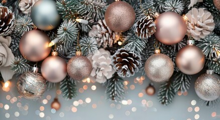 Christmas Ornaments and Pinecones on a Festive Table With Soft Bokeh Lights