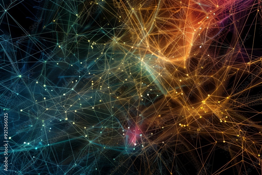 Poster multicolored lines and dots form a network on a black background, showcasing interconnected data, il