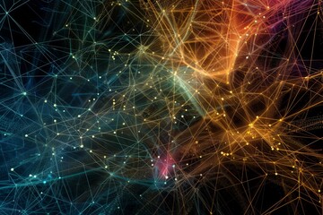 Multicolored lines and dots form a network on a black background, showcasing interconnected data, Illustrate the interconnectedness of data through a complex web of lines and colors