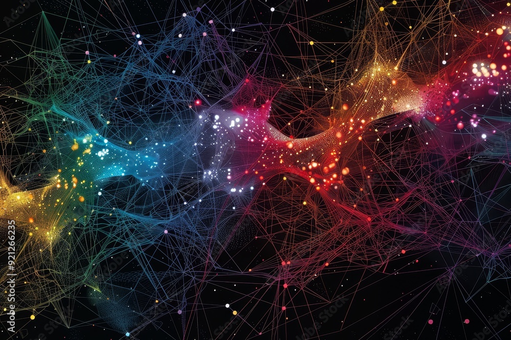 Poster colorful network of interconnected dots and lines on a black backdrop, illustrate the interconnected