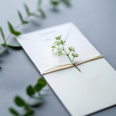 Elegant wedding invitation decorated with a sprig of baby's breath flowers, placed on a gray surface with green foliage in the background.