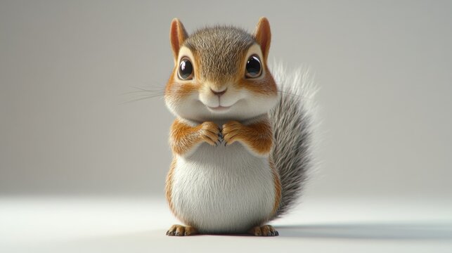 A cute squirrel with a smile on its face. The squirrel is standing on a white background. Concept of warmth and happiness, as the squirrel appears to be enjoying its moment