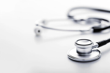 Close-up of a stethoscope on a white background, representing medical equipment and healthcare professionalism.