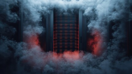 A digital server rack with red lights is enveloped by clouds of smoke, creating a futuristic and mysterious atmosphere, highlighting technology and digital infrastructure.